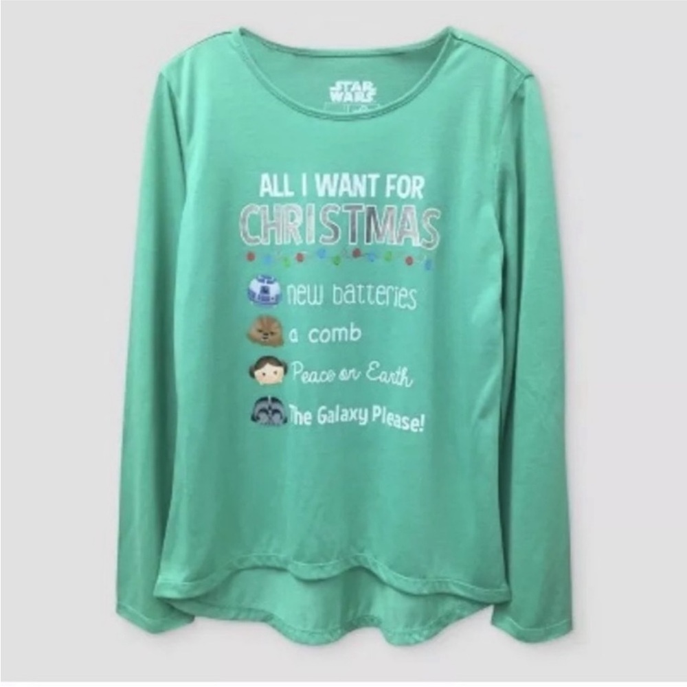 Star Wars Holiday Shirt Girls Size XS Christmas Tsum Long Sleeve Top Green NWT